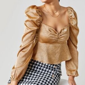 Francesca’s Gold Satin Puff Sleeve Blouse NWT | Size Large